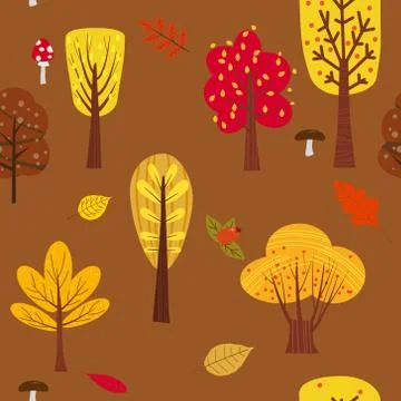 Seamless tree pattern forest woodland with leaves and mushrooms illustration in Stock Illustration
