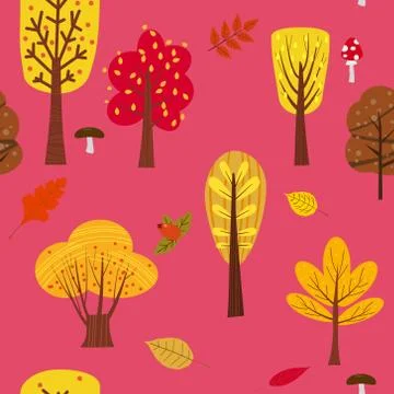 Seamless tree pattern forest woodland with leaves and mushrooms illustration in Stock Illustration