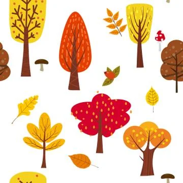 Seamless tree pattern forest woodland with leaves and mushrooms illustration in Stock Illustration
