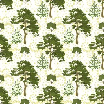 Seamless, trees and floral pattern Stock Illustration