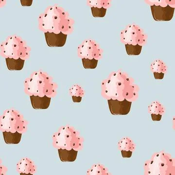 Seamless trending pattern with tender cupcakes on blue nude background Stock Illustration