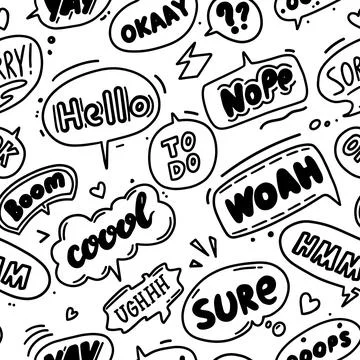 Seamless Trendy speech bubbles in flat hand drawn design with short messages Illustrazione stock