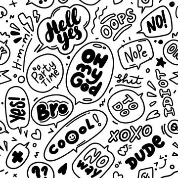 Seamless Trendy speech bubbles in flat hand drawn design with short messages Stock Illustration