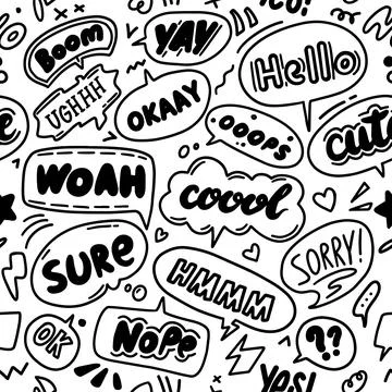 Seamless Trendy speech bubbles in flat hand drawn design with short messages Stock Illustration