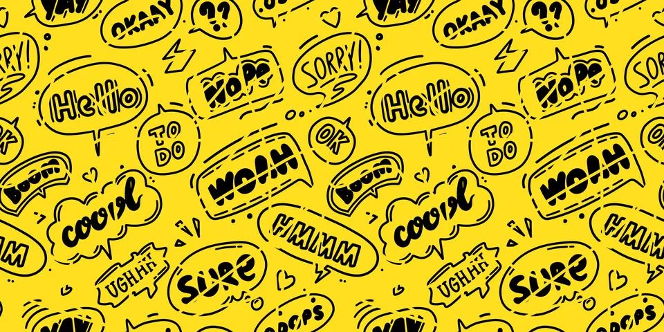 Seamless Trendy speech bubbles in flat hand drawn design with short messages Stock Illustration