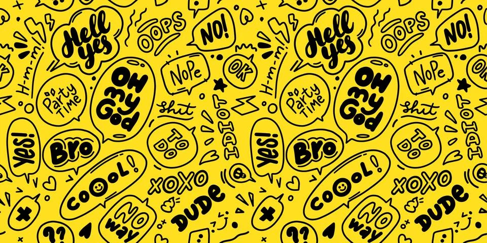 Seamless Trendy speech bubbles in flat hand drawn design with short messages Stock Illustration