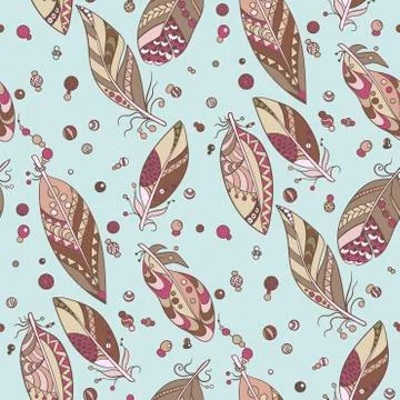 Seamless tribal   pattern with feathers and beads in vector graphic illustrat Stock Illustration