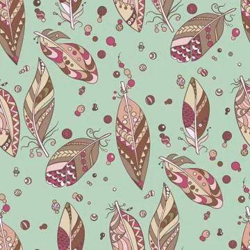 Seamless tribal   pattern with feathers and beads in vector graphic illustrat Stock Illustration