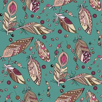 Seamless tribal   pattern with feathers and beads in vector graphic illustrat Stock Illustration