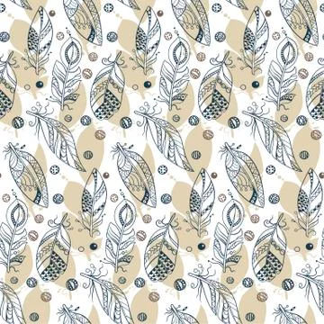 Seamless tribal pattern with feathers in vector graphic illustration in light Stock Illustration