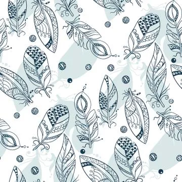 Seamless tribal pattern with feathers in vector graphic illustration in blue Stock Illustration