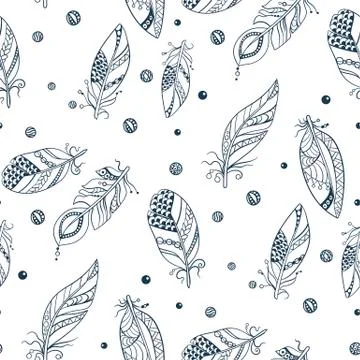 Seamless tribal pattern with feathers in vector graphic illustration in blue Stock Illustration