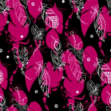 Seamless tribal pattern with feathers in vector graphic illustration inblack, Stock Illustration