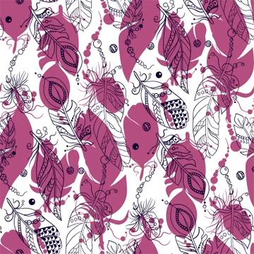 Seamless tribal pattern with feathers in vector graphic illustration in pink Stock Illustration