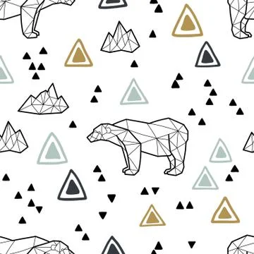 Seamless tribal pattern with low poly polar bears and triangles. Kids and baby Illustrazione stock