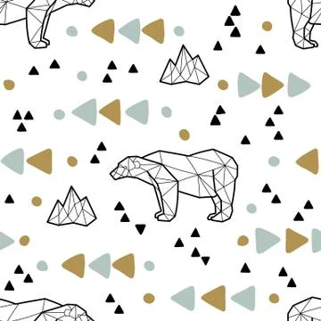 Seamless tribal pattern with low poly polar bears and triangles. Kids and baby Stock Illustration