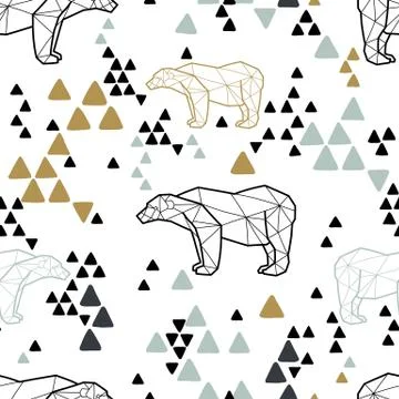 Seamless tribal pattern with low poly polar bears and triangles. Kids and baby Stock Illustration