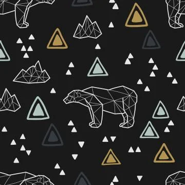 Seamless tribal pattern with low poly polar bears and triangles. Kids and baby 스톡 일러스트