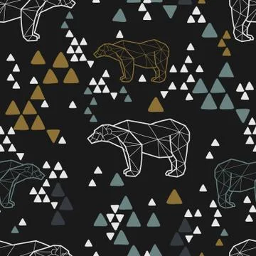 Seamless tribal pattern with low poly polar bears and triangles. Kids and baby 스톡 일러스트