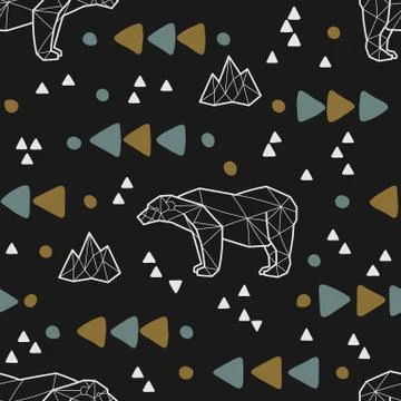 Seamless tribal pattern with low poly polar bears and triangles. Kids and baby 스톡 일러스트