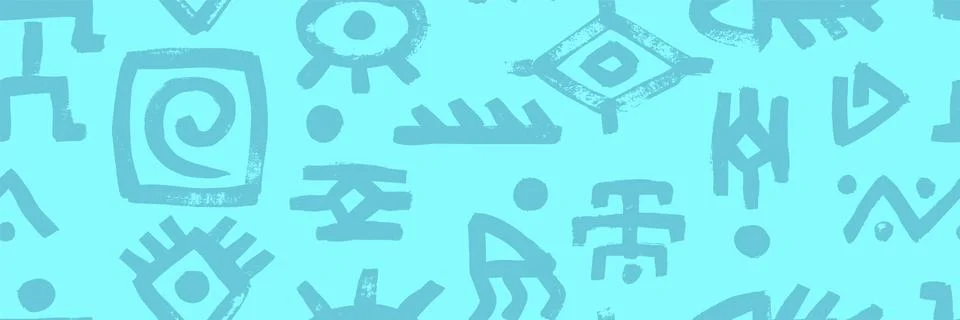 Seamless tribal vector pattern showing eye, swirl, tropical fish bone, and Stock-Illustration