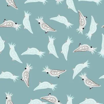 Seamless tropic pattern with grey and light blue colored cockatoo parrot silh Stock Illustration