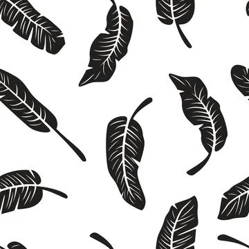 Seamless Tropical Banana Leaf Pattern, Vector Illustration. Black And White Illustrazione stock