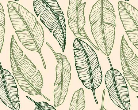 Seamless tropical banana leaf pattern in hand drawn style. Various green shades Stock Illustration