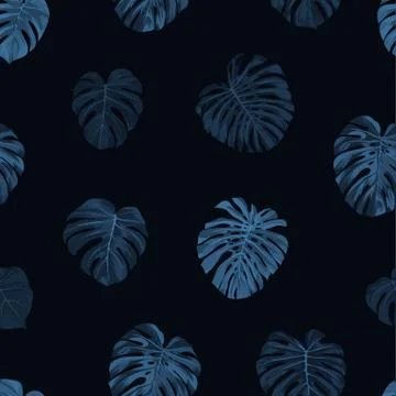 Seamless tropical botanical pattern with indigo blue monstera palm leaves Stock Illustration