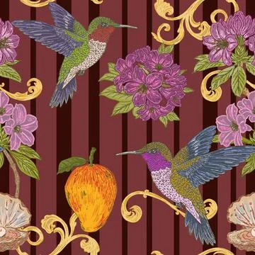 Seamless tropical floral pattern featuring a hummingbird, rhododendron flower Stock Illustration