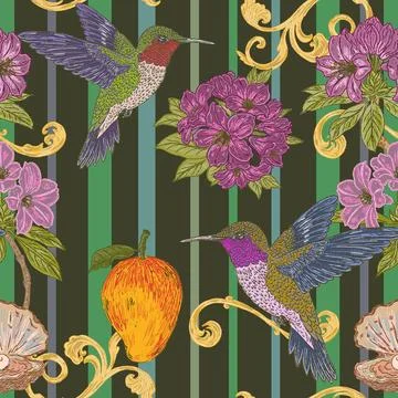 Seamless tropical floral pattern featuring a hummingbird, rhododendron flower Stock Illustration