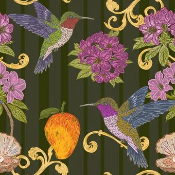 Seamless tropical floral pattern featuring a hummingbird, rhododendron flower Stock Illustration