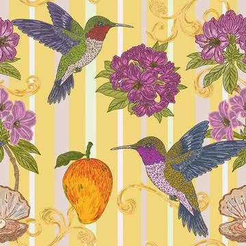Seamless tropical floral pattern featuring a hummingbird, rhododendron flower Stock Illustration