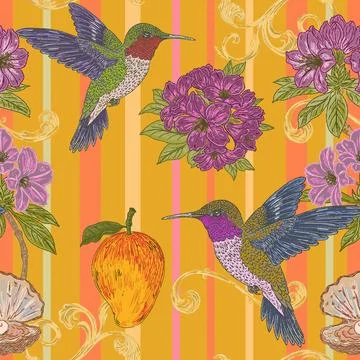 Seamless tropical floral pattern featuring a hummingbird, rhododendron flower Stock Illustration
