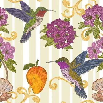Seamless tropical floral pattern featuring a hummingbird, rhododendron flower Stock Illustration