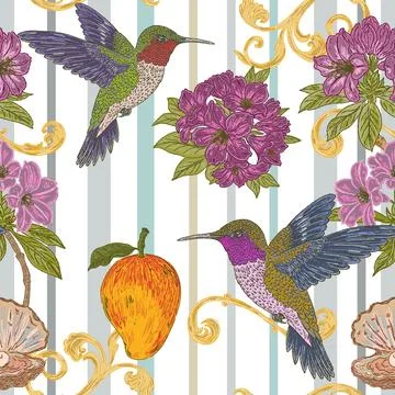 Seamless tropical floral pattern featuring a hummingbird, rhododendron flower Stock Illustration