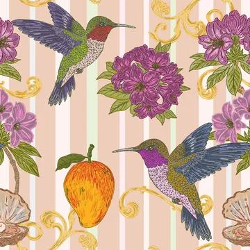 Seamless tropical floral pattern featuring a hummingbird, rhododendron flower Stock Illustration