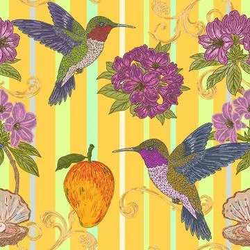Seamless tropical floral pattern featuring a hummingbird, rhododendron flower Illustrazione stock