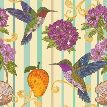 Seamless tropical floral pattern featuring a hummingbird, rhododendron flower Stock Illustration