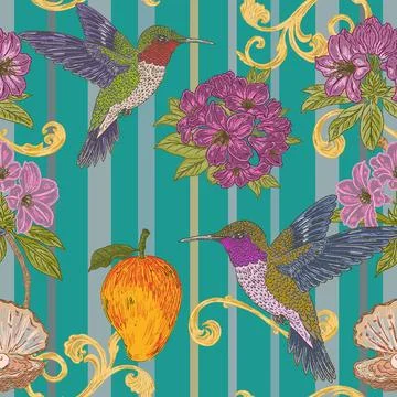 Seamless tropical floral pattern featuring a hummingbird, rhododendron flower 스톡 일러스트