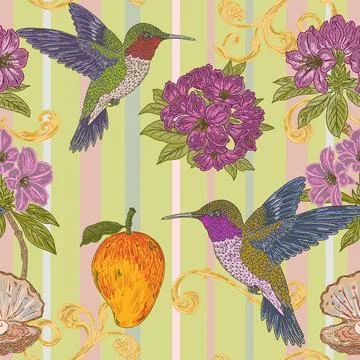 Seamless tropical floral pattern featuring a hummingbird, rhododendron flower Stock Illustration