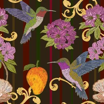 Seamless tropical floral pattern featuring a hummingbird, rhododendron flower Stock Illustration