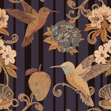 Seamless tropical floral pattern featuring a hummingbird, rhododendron flower 库存插图