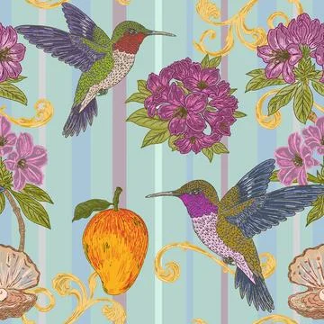 Seamless tropical floral pattern featuring a hummingbird, rhododendron flower Stock Illustration