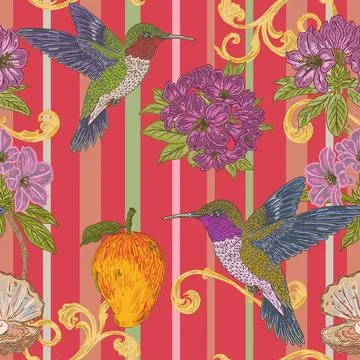 Seamless tropical floral pattern featuring a hummingbird, rhododendron flower Stock Illustration