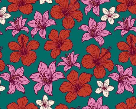 Seamless tropical floral pattern with red hibiscus, pink lilies, and cream Stock-Illustration