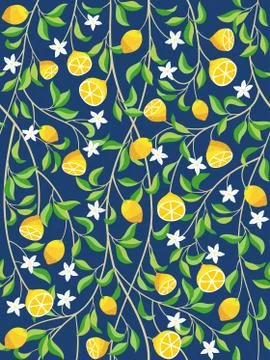 Seamless tropical fruit pattern background with lemons, flowers and spring Stock Illustration
