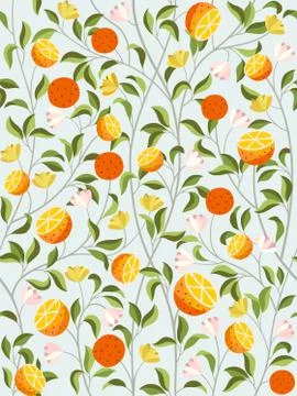 Seamless tropical fruit pattern background with oranges, flowers and branches on Stock Illustration