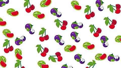 Seamless tropical fruit pattern with watermelon, cherry, and mangosteen on .. Stock Illustration