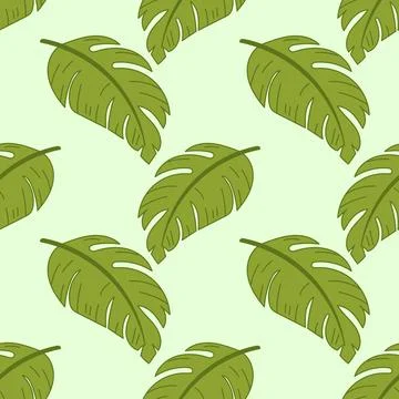 Seamless tropical green leaf pattern in flat cartoon style Stock Illustration